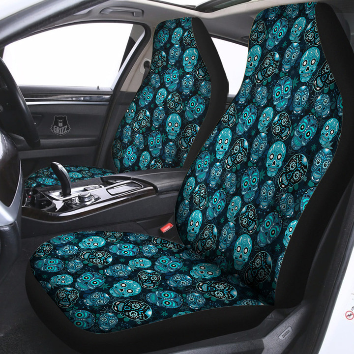 Blue Calavera Skull Print Pattern Car Seat Covers