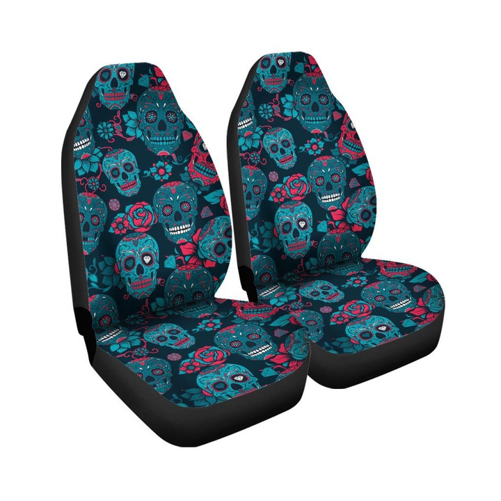 Blue And Red Floral Sugar Skull Car Seat Covers