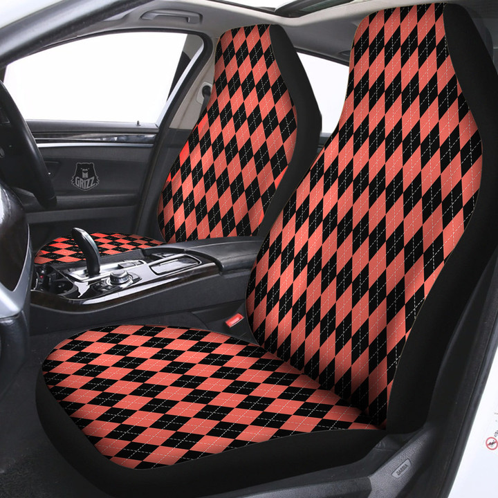Argyle Coral And Black Print Pattern Car Seat Covers