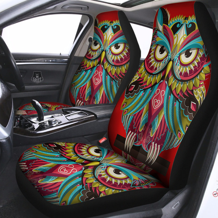 Red Colorful Owl Print Car Seat Covers