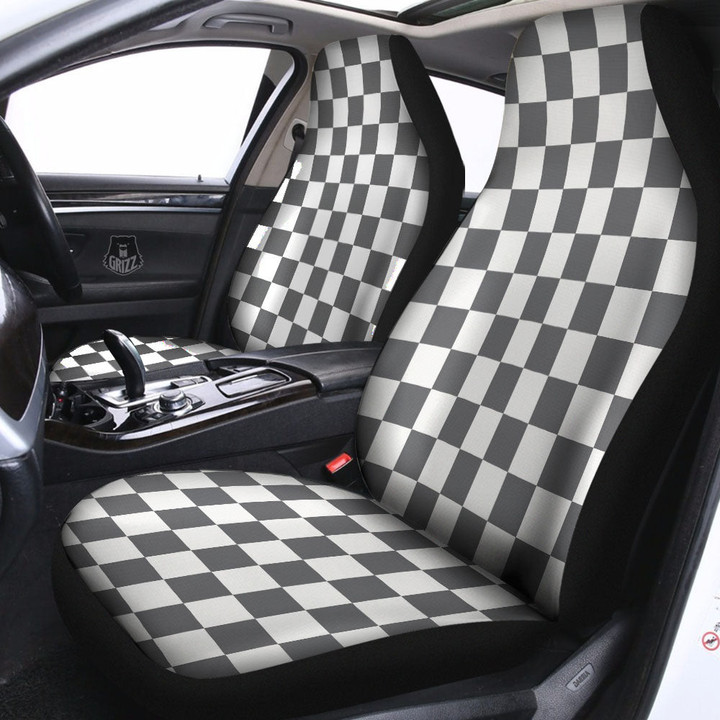 Checkered White And Grey Print Pattern Car Seat Covers