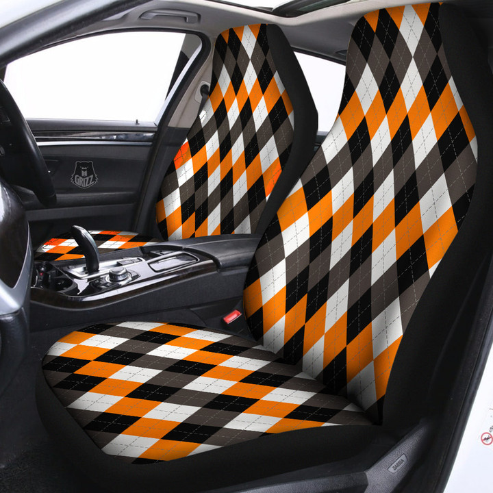 Argyle Orange Black And White Print Pattern Car Seat Covers