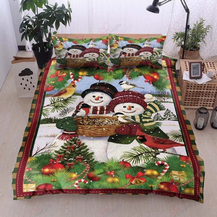 Couple Snowman Cardinal Merry Christmas Bed Sheets Duvet Cover Bedding Sets
