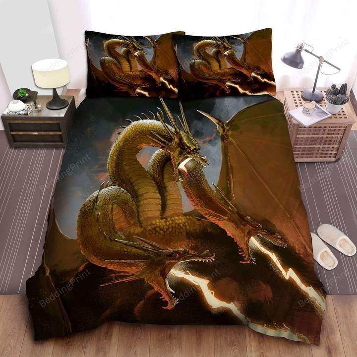 King Ghidorah Releases Thunder Spark Painting Bed Sheets Duvet Cover Bedding Sets