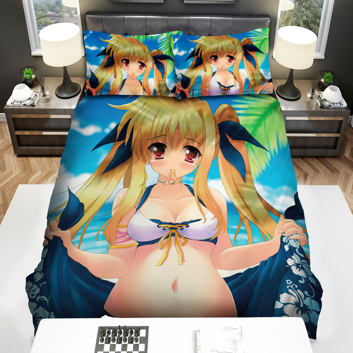 Magical Girl Lyrical Nanoha Fate Testarossa By The Beach Artwork Bed Sheets Spread Duvet Cover Bedding Sets