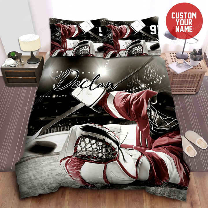 Ice Hockey Goalie Catching Puck Personalized Custom Name & Number Duvet Cover Bedding Set