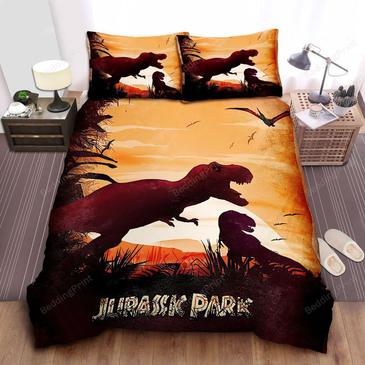 Jurassic Park T-Rex Under The Sunset Illustration Bed Sheets Duvet Cover Bedding Sets