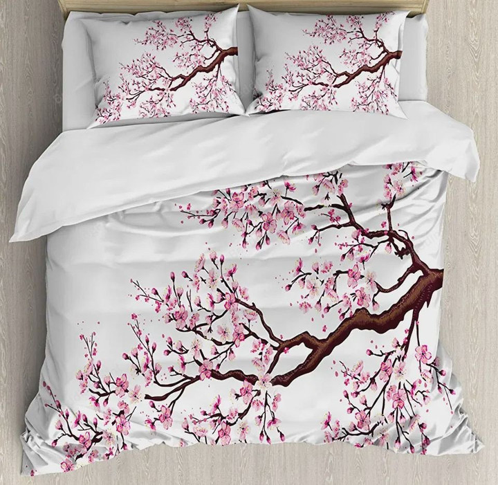 Japanese Branch of a Flourishing Sakura Tree Flowers Cherry Blossoms Spring Theme Bed Sheets Duvet Cover Bedding Sets