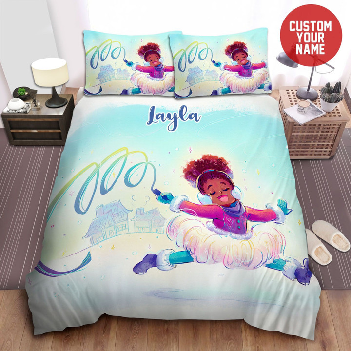 Little Melanin Queen Black Girl Magic Little Girl Playing On Holiday Custom Name Duvet Cover Bedding Set
