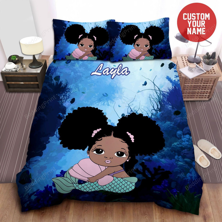 Little Melanin Queen Black Girl Magic Little Black Mermaid Princess With Puff Ponytails Custom Name Duvet Cover Bedding Set