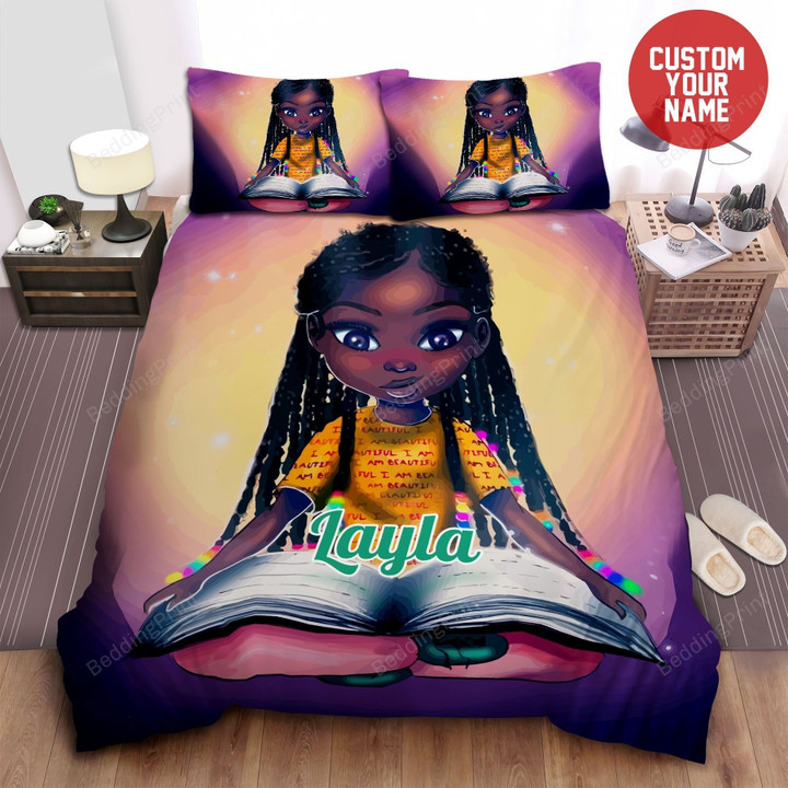 Little Melanin Queen Black Girl Magic Cool Girl Reading Book Custom Name Duvet Cover Bedding Set