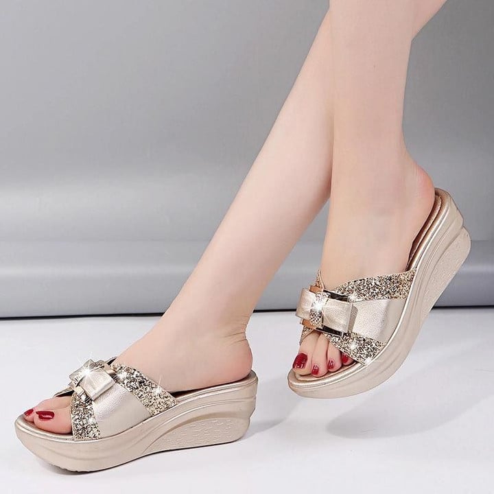 FleekComfy™ New Summer Bling Rhinestone Sequins Bow-Knot PU Wedge Platform Sandals For Women