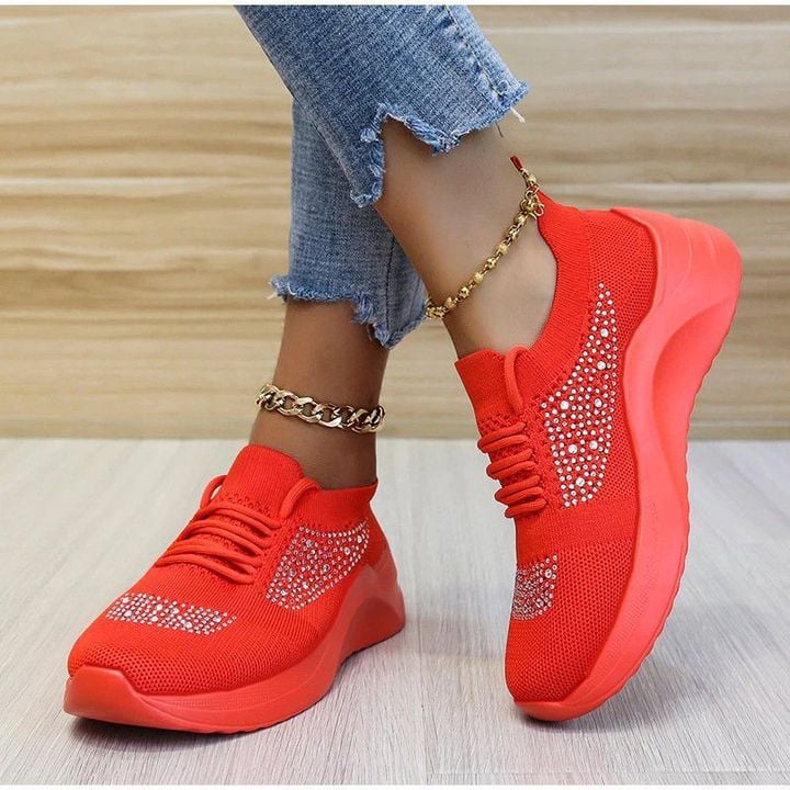 New Fashion Rhinestone Sequins Shiny Bling Knitted Soft Sole Lace Up Walking Sneakers For Women