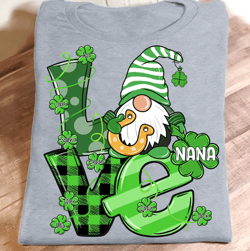 Love Nana Gnome With Grandkids Names - Patrick | Personalized T-Shirt