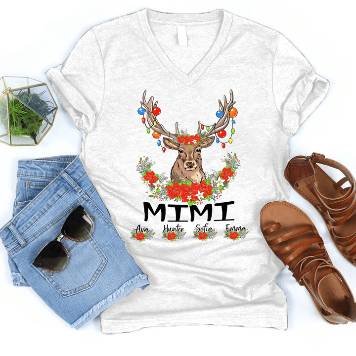 Mimi Reindeer With Grandkids Names - Christmas | Personalized V-Neck Shirt