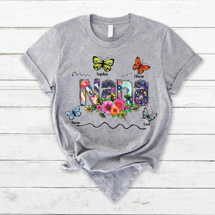 Personalized Nana Flower Butterfly Custom Names T-Shirt