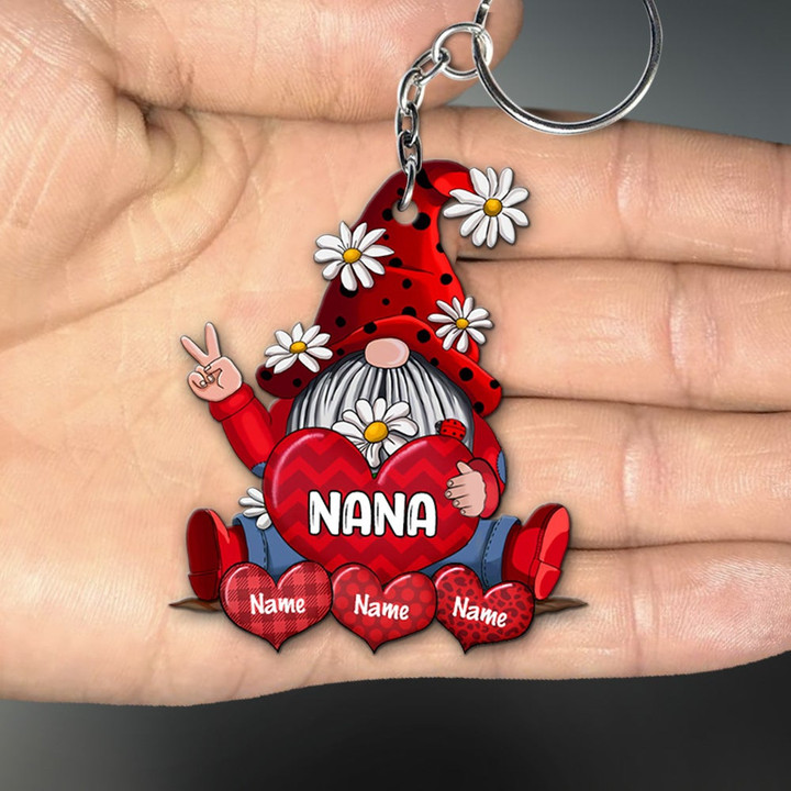 Gnomes With Hearts Personalized Flat Acrylic Keychain, 2 Sides Are The Same For Grandma