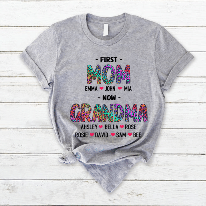 Personalized First Mom Now Grandma Leopard T-Shirt