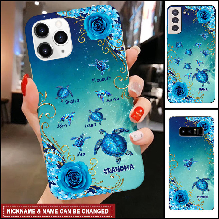 Grandma Mom Turtle Custom Names Mother's Day Gift Flower Galaxy Background Glass Phone case