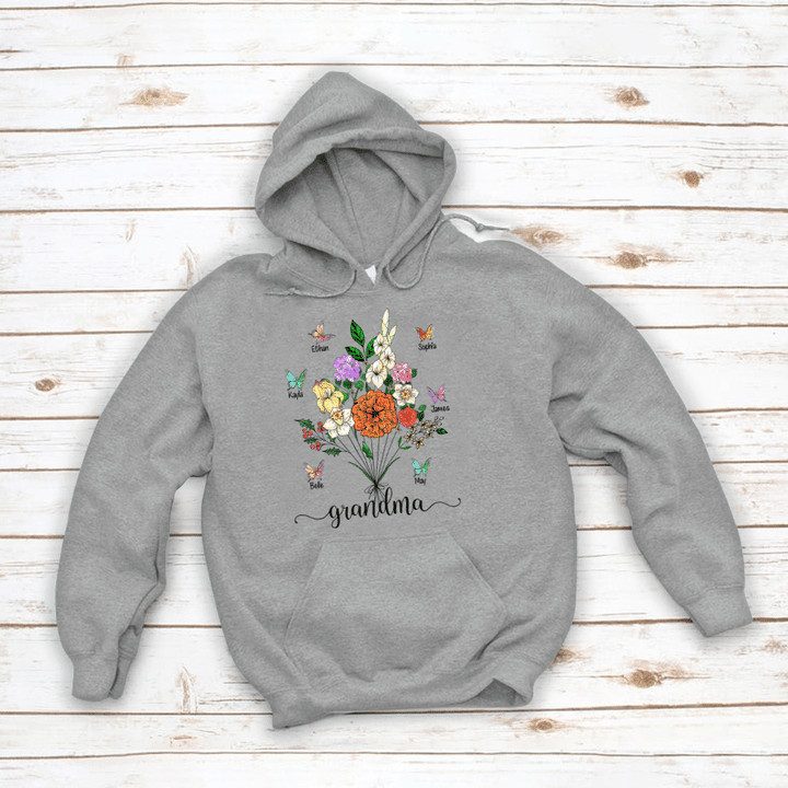 Personalized Grandma And Grandkids Flower Butterfly Hoodie