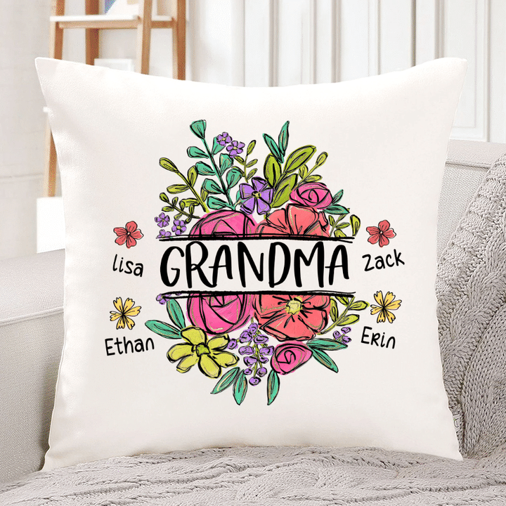 Grandma With Grandkids Floral Art Personalzied Indoor Pillow
