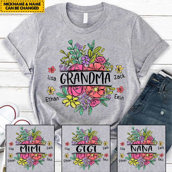 Grandma With Grandkids Floral Art Personalzied T-Shirt