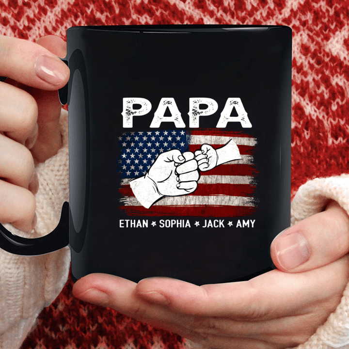 American Flag Papa Grandpa And Kids Names Hand Mug