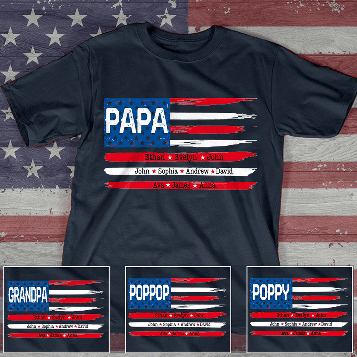 Personalized Papa Flag with grandkids, Happy Father's Day T-Shirt