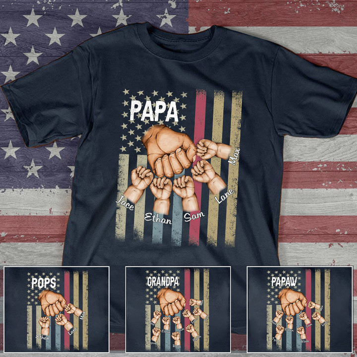 Personalized Papa Grandkids Hands Flag T-Shirt