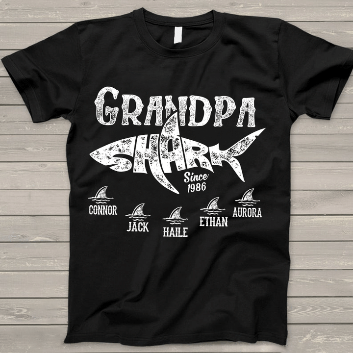 Grandpa Shark And Grandkid's Name Shirt