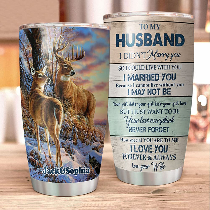 Husband Tumbler, Personalized Name Deer To My Husband Stainless Steel Tumbler with Lid Straw Gift for Father's Day Travel Mug, Insulated Tumbler for Men Women, Ice Drink, Hot Beverage