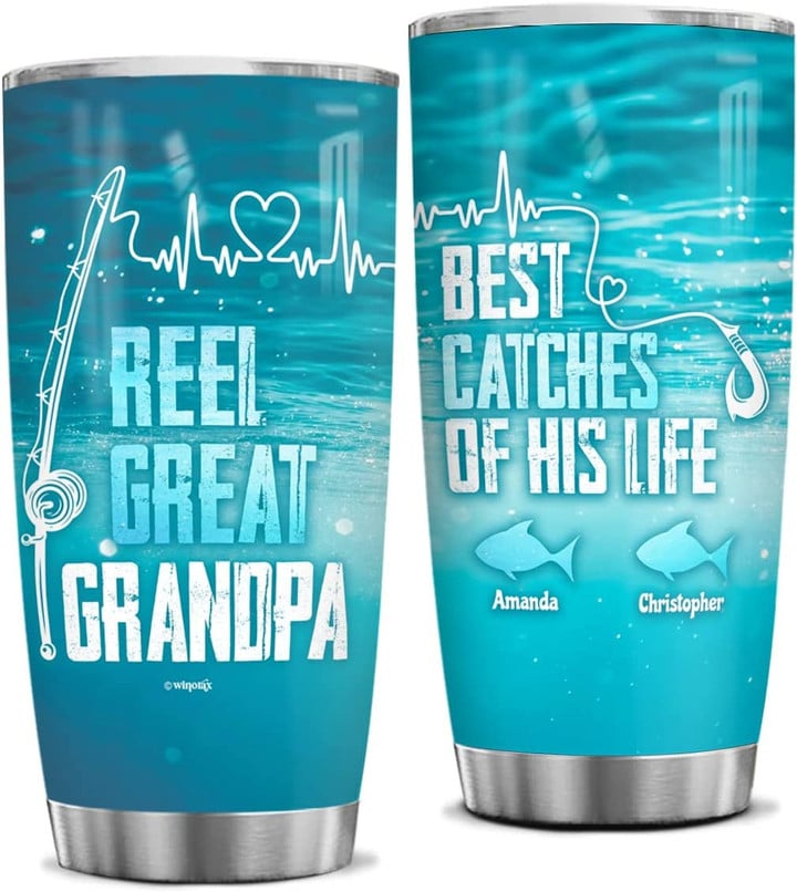 Grandpa Tumbler, Fishing Tumblers For Men Reel Great Grandpa Fisherman Tumbler Stainless Steel Insulated Coffee Travel Mug with Lid Birthday Christmas Fathers Day Cup Gifts For Fishermen Papa Grandad