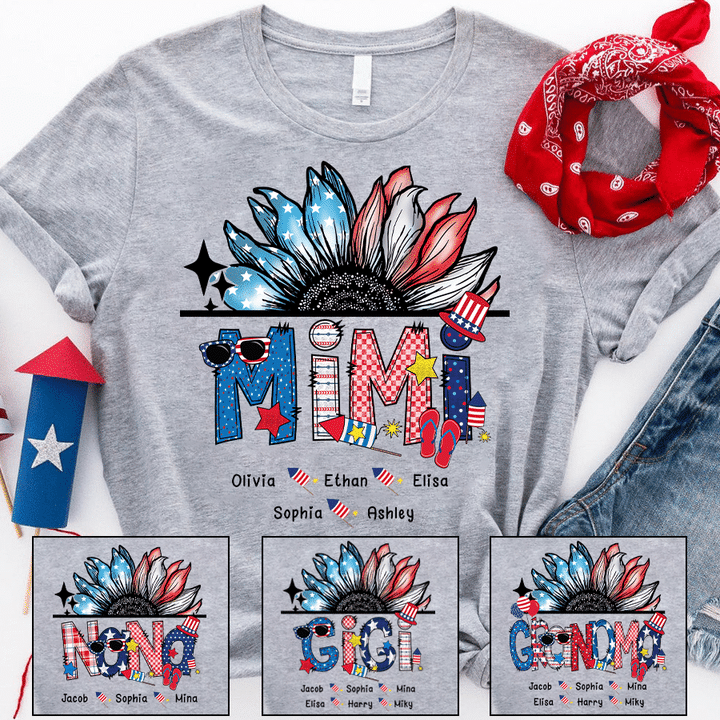 Sunflower Patriotic Doodle 4th Of July Mimi And Grandkid T-Shirt