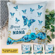 Personalized Blessed To Be Called Nana Blue Rose Butterfly Pillow