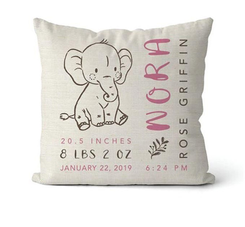 Woodland Nursery Elephant Birth Stats | Personalized Pillow