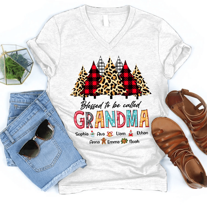 Blessed To Be Called Grandma - Xmas Pine | Personalized V-Neck Shirt