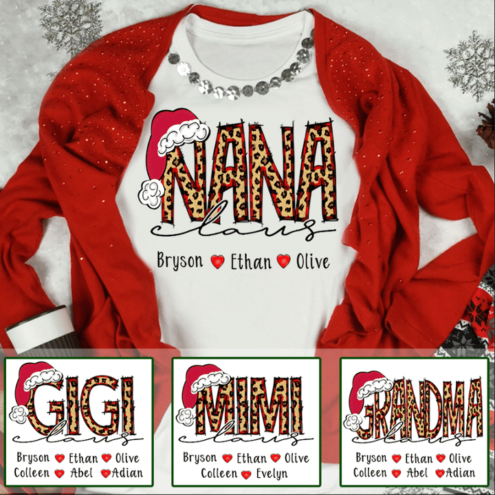 Personalized Grandma and Grandkids Claus Christmas leopard