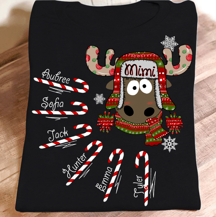 Mimi Reindeer With Grandkids Names Candy - Christmas | Personalized T-Shirt