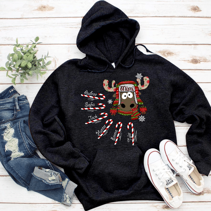 Mimi Reindeer With Grandkids Names Candy - Christmas | Personalized Hoodie