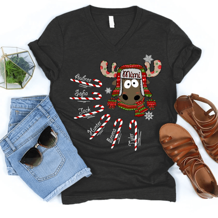 Mimi Reindeer With Grandkids Names Candy - Christmas | Personalized V-Neck Shirt