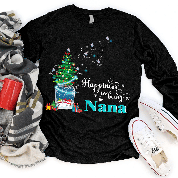 Happiness Being A Nana - Christmas Art | Personalized Long Sleeve Shirt