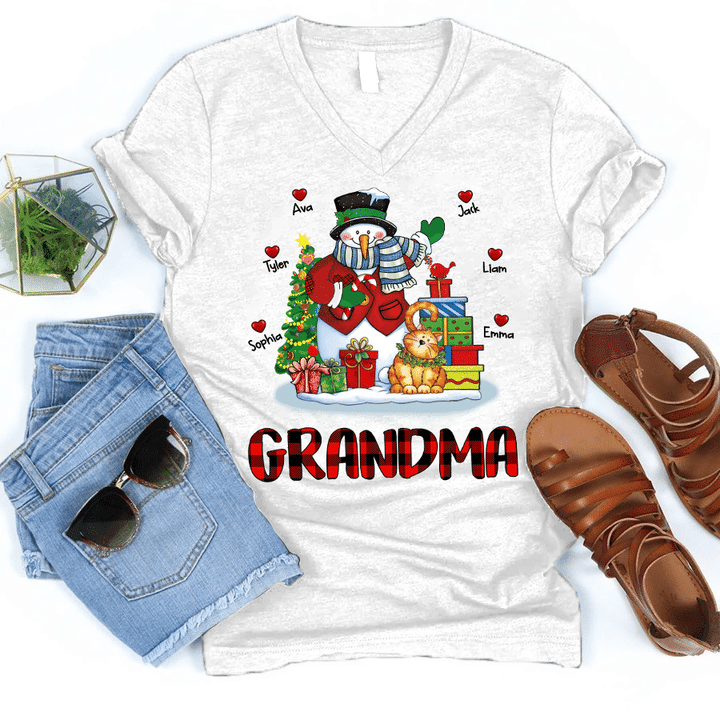 Mimi Snowman - Christmas With Grandkid's Names | Personalized V-Neck Shirt