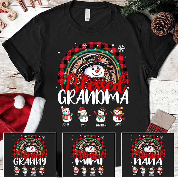 Blessed Grandma Shirt, Personalized Grandma Snowmen Grandkids Name Shirt