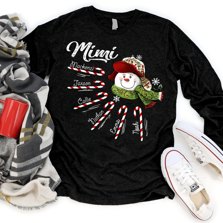 Christmas Mimi with Kidnames - Snowman | Personalized Long Sleeve Shirt