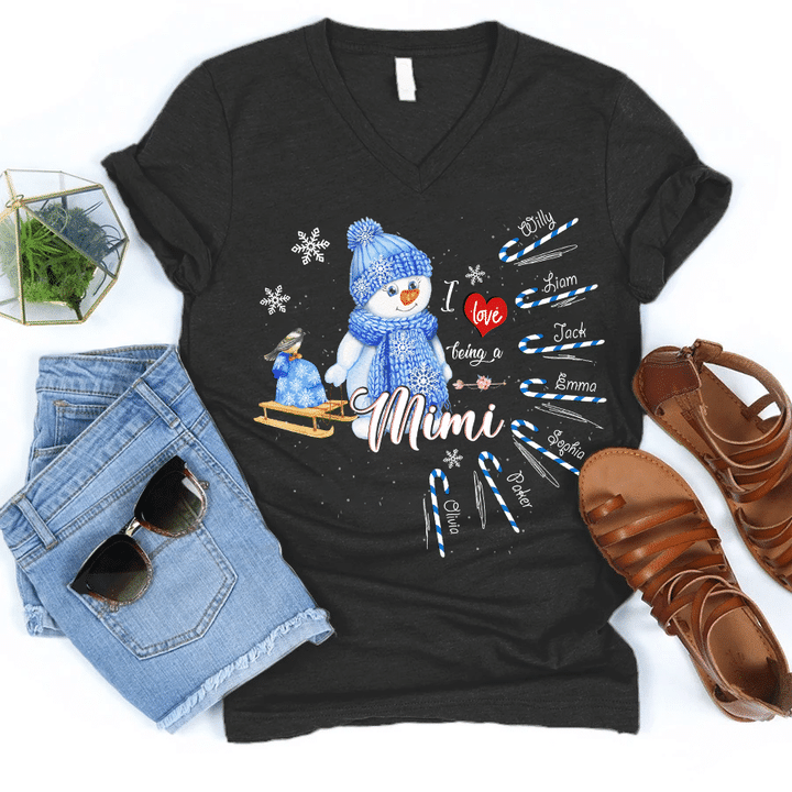 I Love Being Mimi With Grandkid's Names | Personalized V-Neck Shirt