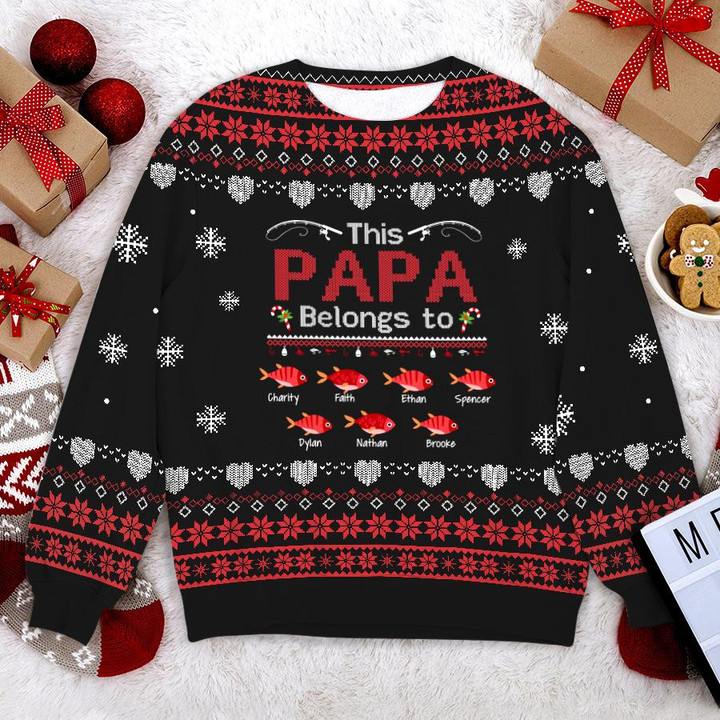 Chrismas Dad Shirt, Merry Fishing Funny Christmas Shirt, This Papa Belongs To Kids Names, Love Fishing 3D Shirt