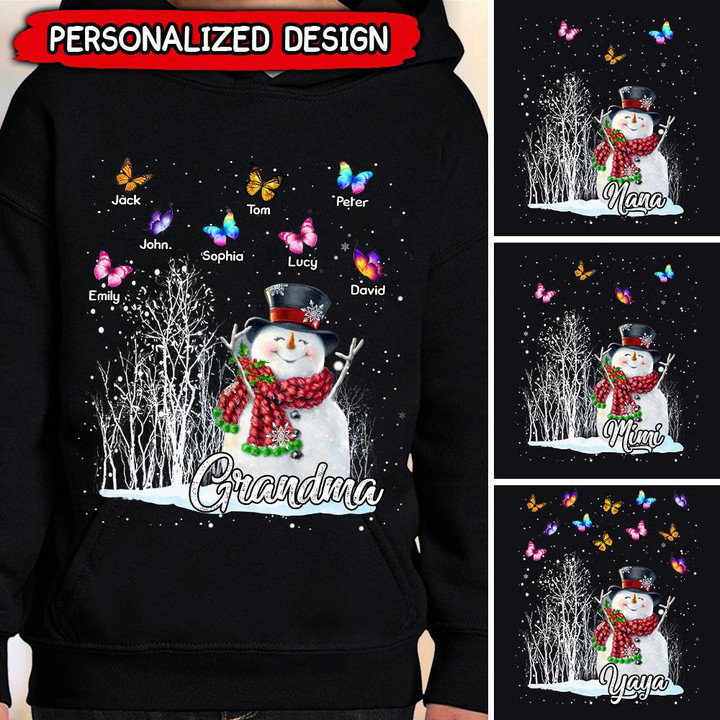 Christmas Snowman Grandma with Butterfly Kid Personalized Black Hoodie