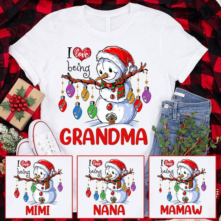 I Love Being Nana Light Strings Snowman Christmas Personalized Shirt For Grandma
