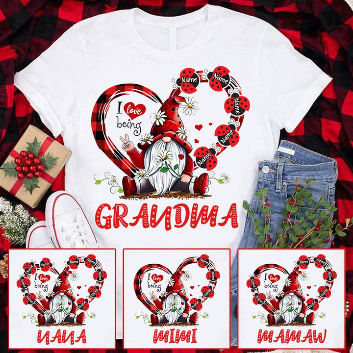 I Love Being Nana Gnomes Heart Personalized Shirt For Grandma