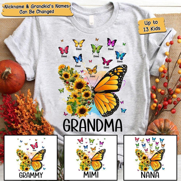 Personalized Nickname And Grandkid's Names Shirts Butterfly Sunflower Shirts, HUTS